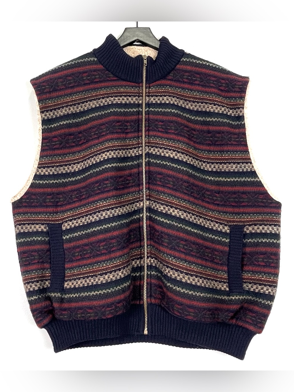 PENDLETON Vintage Men's 100% Wool Full-Zip Sweater Vest Navy Blue Red Lined XL